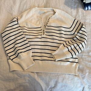 Sezane Cream and Black Button-Placket Striped Crewneck